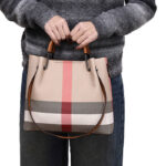 Women's Canvas Cowhide Trim Plaid Contrast Shoulder Crossbody Bucket Handbag