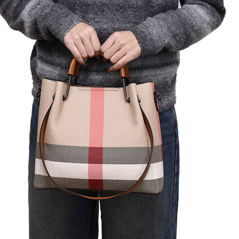 Women's Canvas Cowhide Trim Plaid Contrast Shoulder Crossbody Bucket Handbag