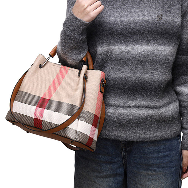 Women's Canvas Cowhide Trim Plaid Contrast Shoulder Crossbody Bucket Handbag