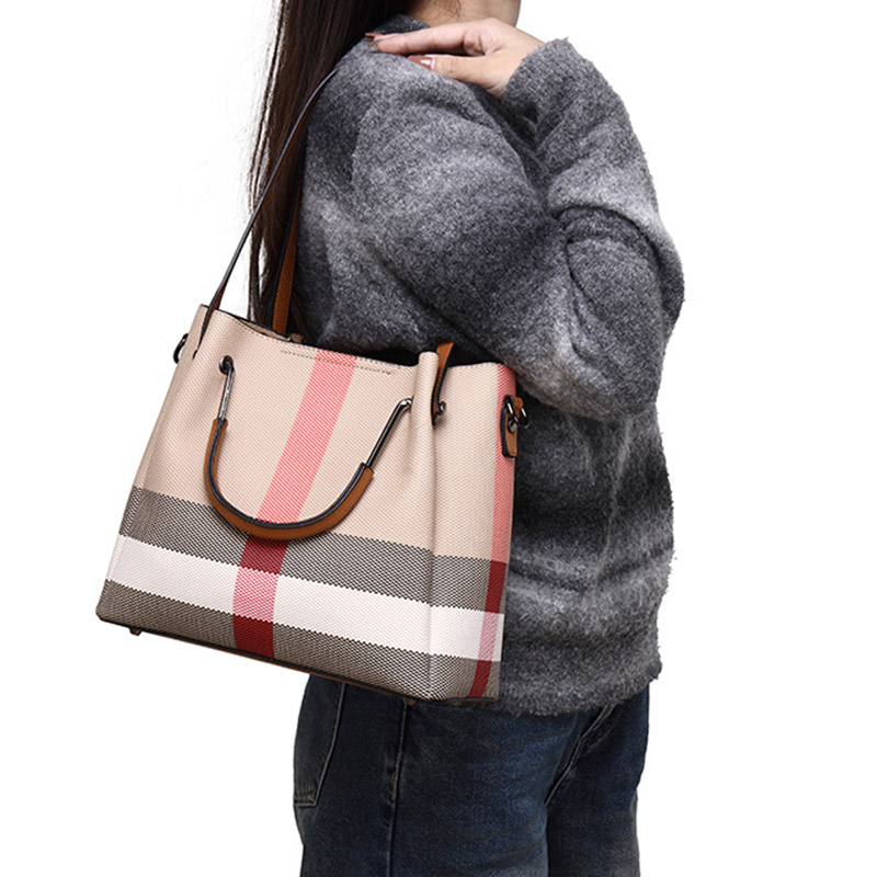 Women's Canvas Cowhide Trim Plaid Contrast Shoulder Crossbody Bucket Handbag