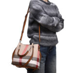Women's Canvas Cowhide Trim Plaid Contrast Shoulder Crossbody Bucket Handbag