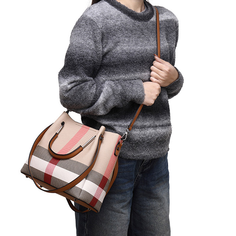 Women's Canvas Cowhide Trim Plaid Contrast Shoulder Crossbody Bucket Handbag