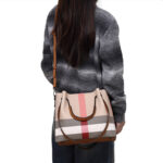 Women's Canvas Cowhide Trim Plaid Contrast Shoulder Crossbody Bucket Handbag