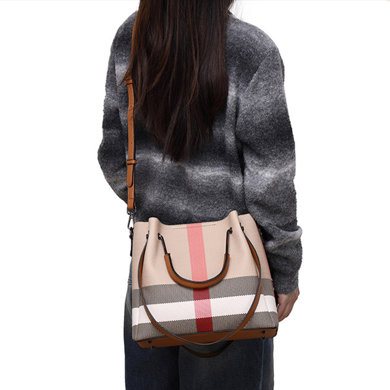 Women's Canvas Cowhide Trim Plaid Contrast Shoulder Crossbody Bucket Handbag
