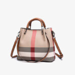 Women's Canvas Cowhide Trim Plaid Contrast Shoulder Crossbody Bucket Handbag