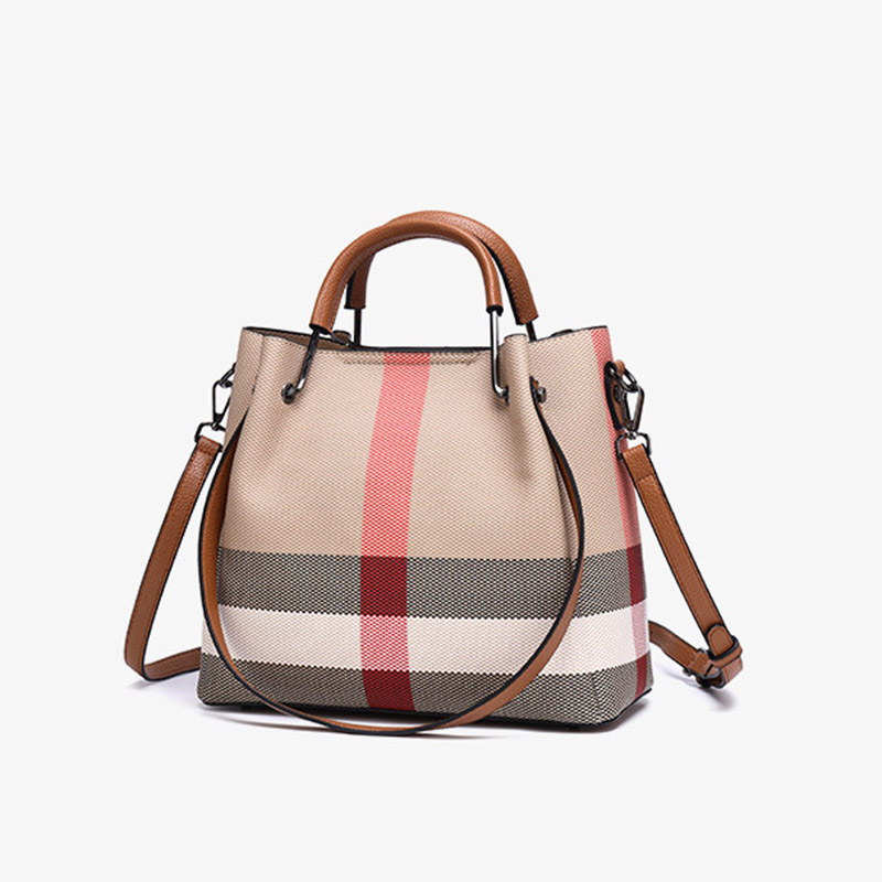 Women's Canvas Cowhide Trim Plaid Contrast Shoulder Crossbody Bucket Handbag