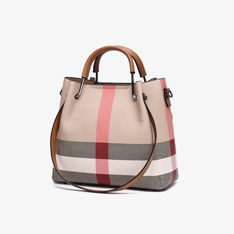 Women's Canvas Cowhide Trim Plaid Contrast Shoulder Crossbody Bucket Handbag