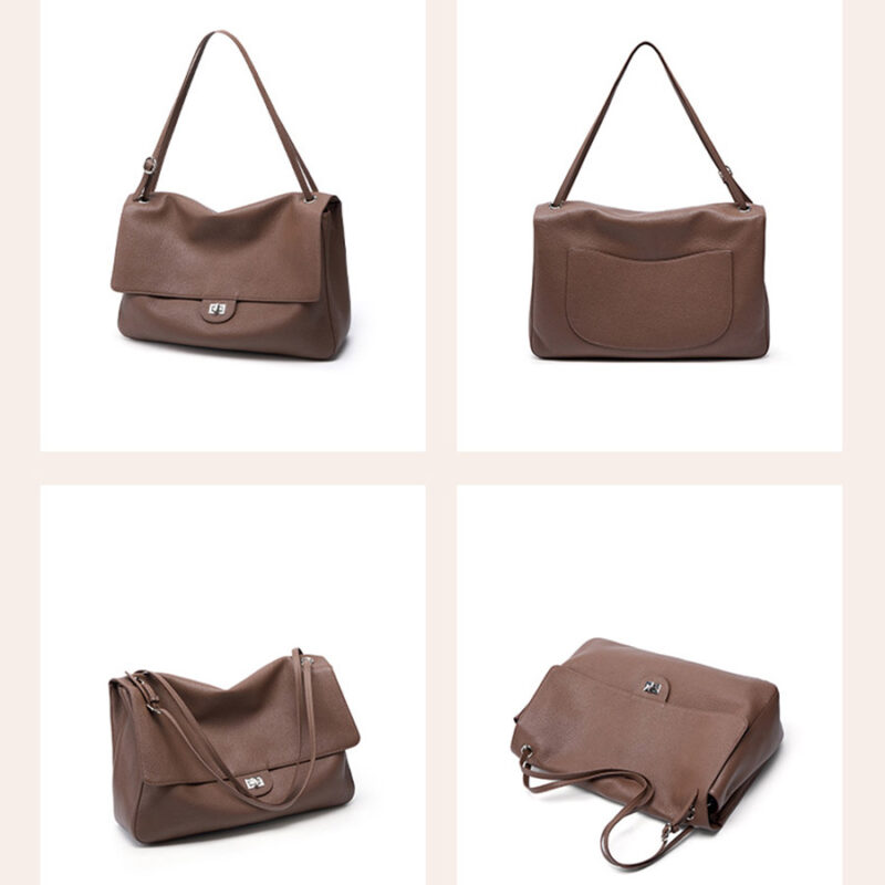 Women's Full-Grain Leather Pebbled Flap Lock Shoulder Bag