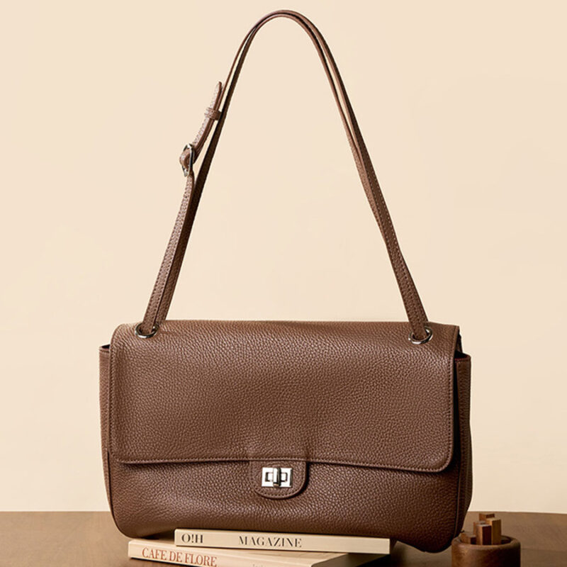 Women's Full-Grain Leather Pebbled Flap Lock Shoulder Bag