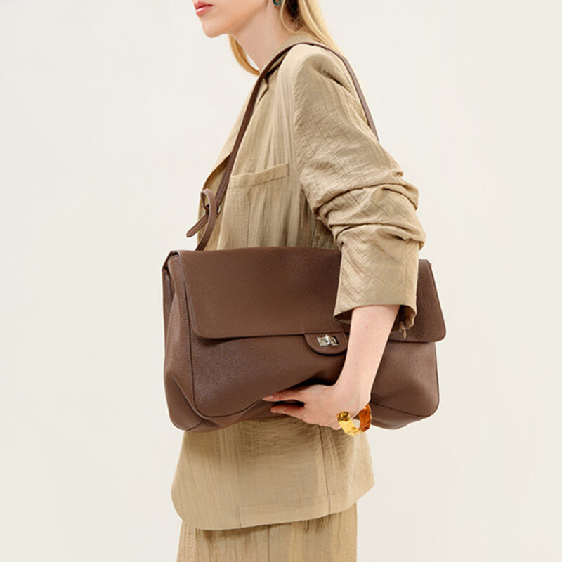 Women's Full-Grain Leather Pebbled Flap Lock Shoulder Bag