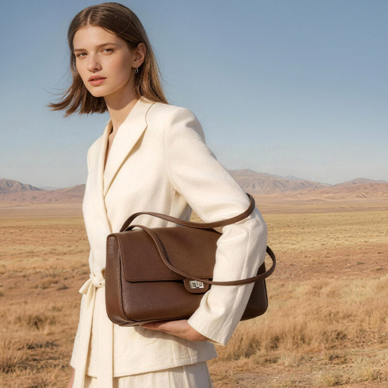Women's Full-Grain Leather Pebbled Flap Lock Shoulder Bag