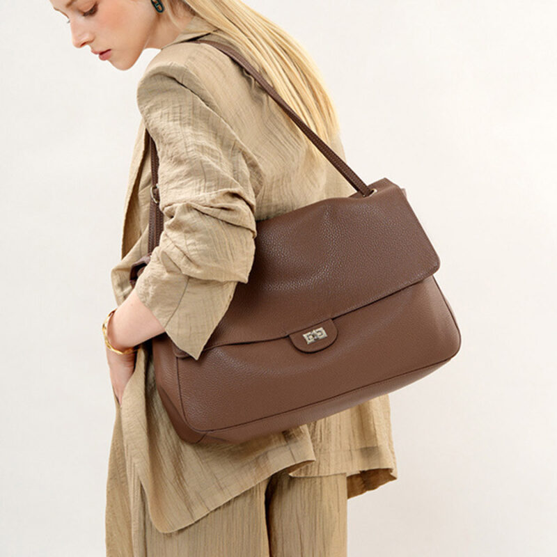 Women's Full-Grain Leather Pebbled Flap Lock Shoulder Bag