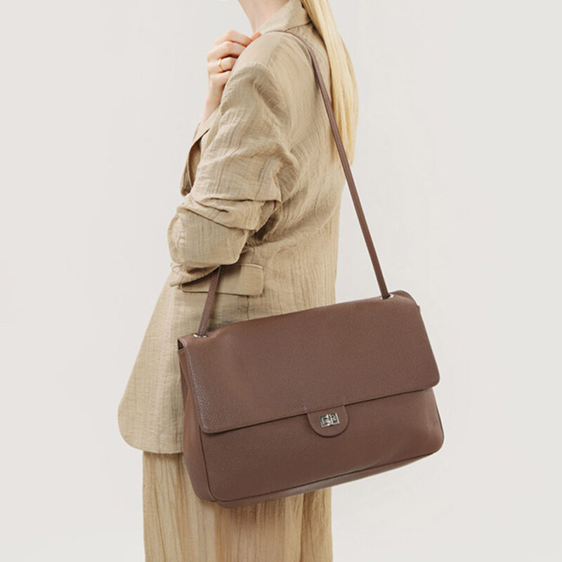 Women's Full-Grain Leather Pebbled Flap Lock Shoulder Bag