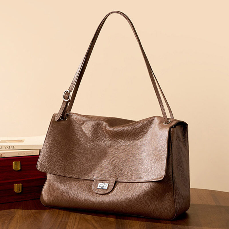 Women's Full-Grain Leather Pebbled Flap Lock Shoulder Bag