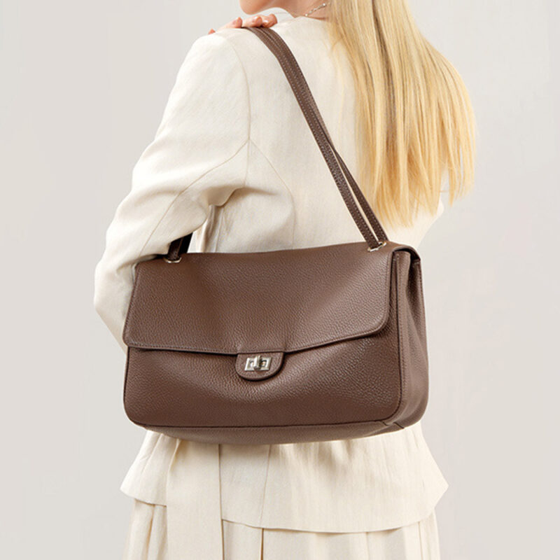 Women's Full-Grain Leather Pebbled Flap Lock Shoulder Bag