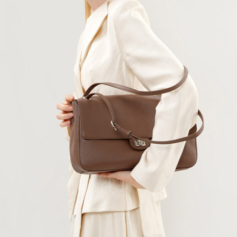 Women's Full-Grain Leather Pebbled Flap Lock Shoulder Bag