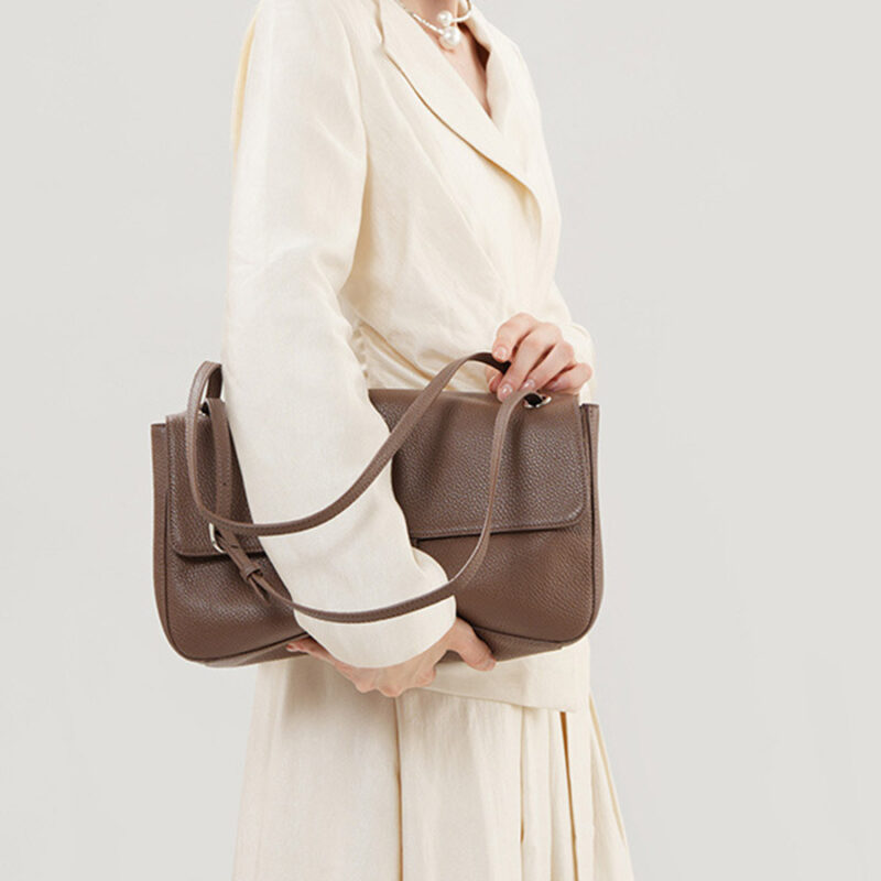 Women's Full-Grain Leather Pebbled Flap Lock Shoulder Bag