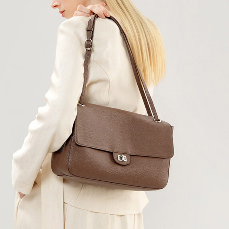 Women's Full-Grain Leather Pebbled Flap Lock Shoulder Bag