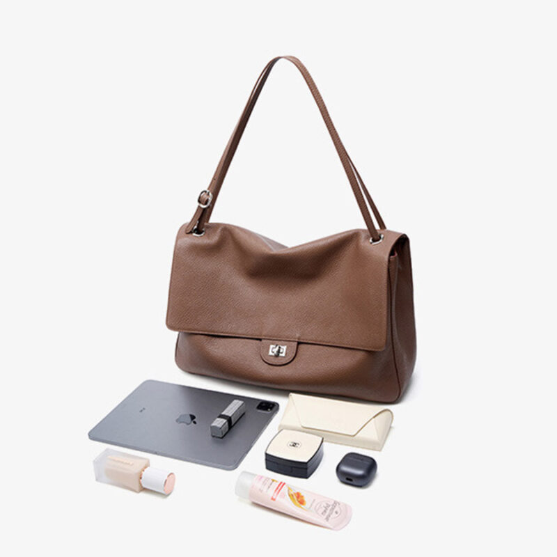 Women's Full-Grain Leather Pebbled Flap Lock Shoulder Bag