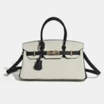 Women's Full-Grain Leather Pebbled Horizontal Color-Block Lock Top Handle Bag
