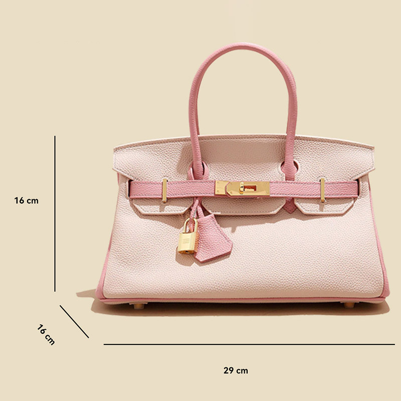 Women's Full-Grain Leather Pebbled Horizontal Color-Block Lock Top Handle Bag
