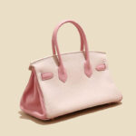 Women's Full-Grain Leather Pebbled Horizontal Color-Block Lock Top Handle Bag