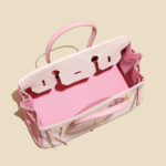 Women's Full-Grain Leather Pebbled Horizontal Color-Block Lock Top Handle Bag
