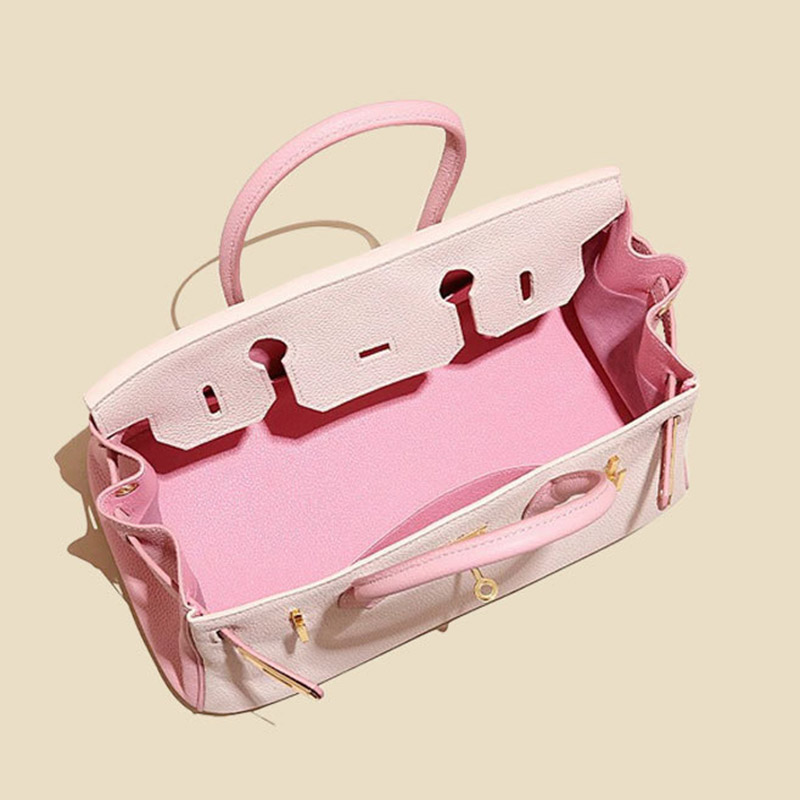 Women's Full-Grain Leather Pebbled Horizontal Color-Block Lock Top Handle Bag