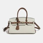 Women's Full-Grain Leather Pebbled Horizontal Color-Block Lock Top Handle Bag