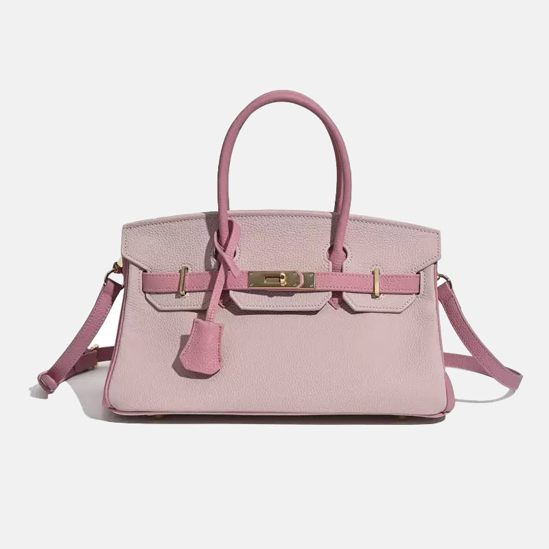 Women's Full-Grain Leather Pebbled Horizontal Color-Block Lock Top Handle Bag