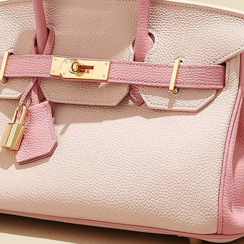 Women's Full-Grain Leather Pebbled Horizontal Color-Block Lock Top Handle Bag