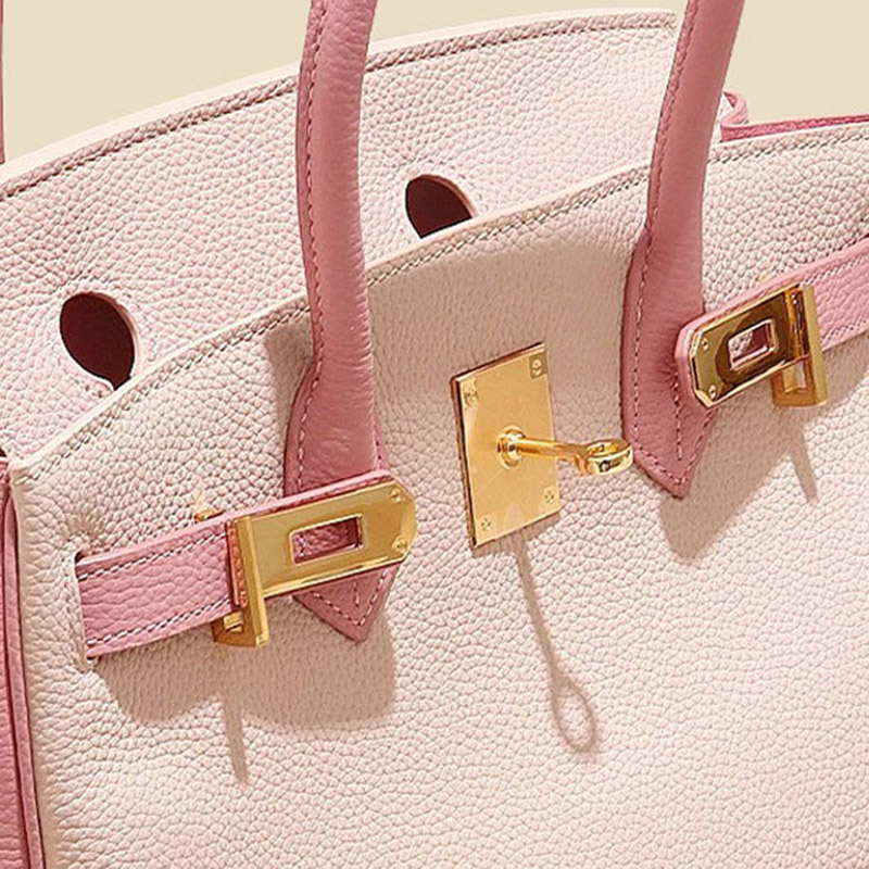 Women's Full-Grain Leather Pebbled Horizontal Color-Block Lock Top Handle Bag