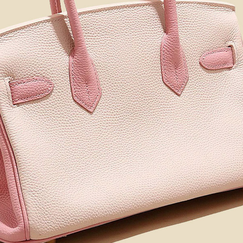 Women's Full-Grain Leather Pebbled Horizontal Color-Block Lock Top Handle Bag