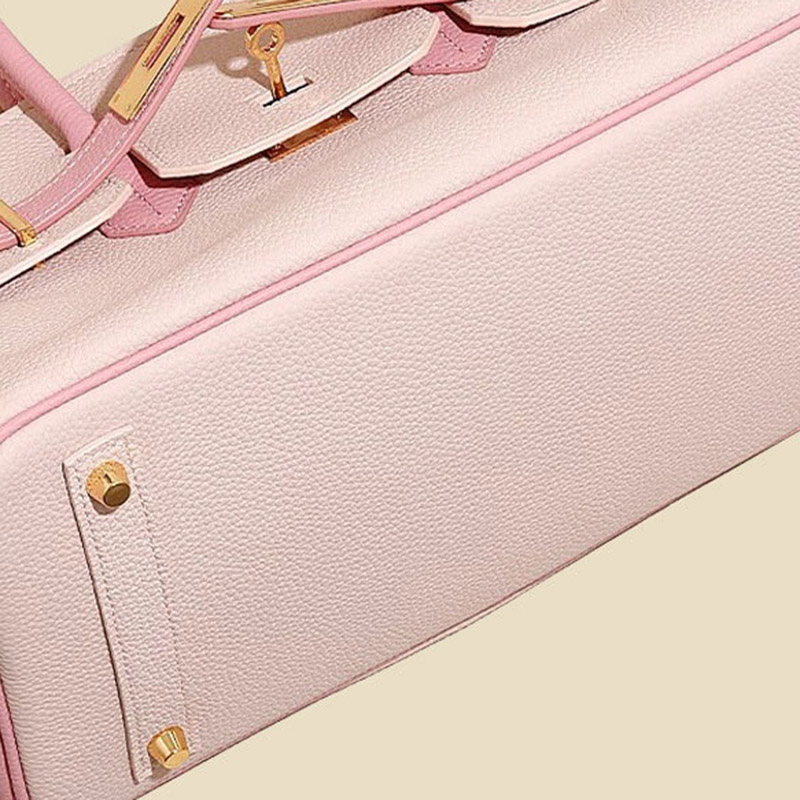 Women's Full-Grain Leather Pebbled Horizontal Color-Block Lock Top Handle Bag