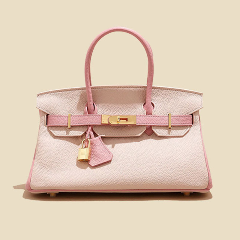 Women's Full-Grain Leather Pebbled Horizontal Color-Block Lock Top Handle Bag