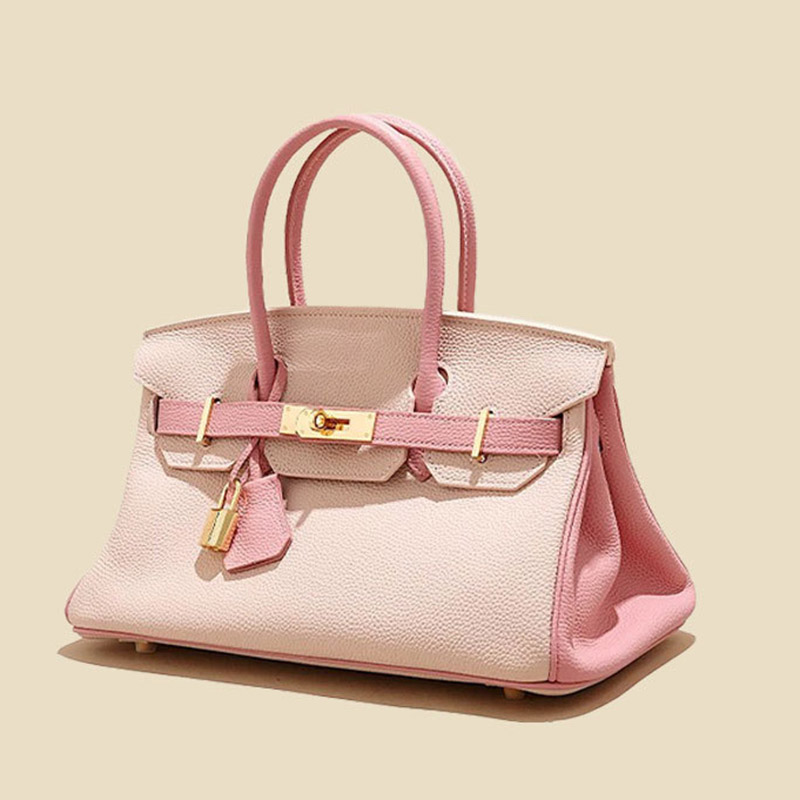 Women's Full-Grain Leather Pebbled Horizontal Color-Block Lock Top Handle Bag