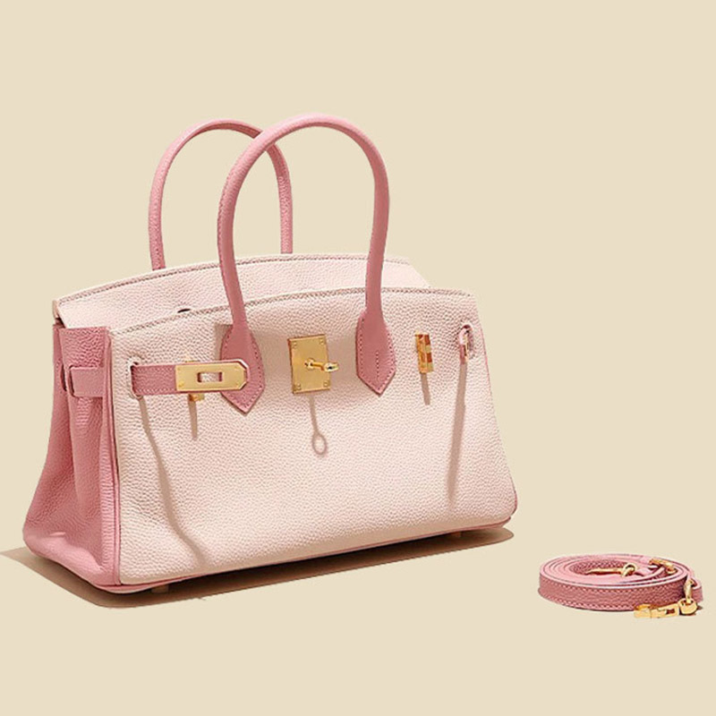 Women's Full-Grain Leather Pebbled Horizontal Color-Block Lock Top Handle Bag
