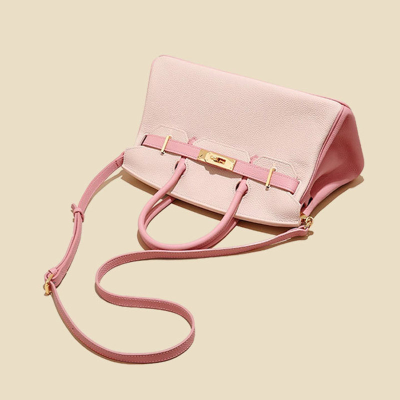 Women's Full-Grain Leather Pebbled Horizontal Color-Block Lock Top Handle Bag