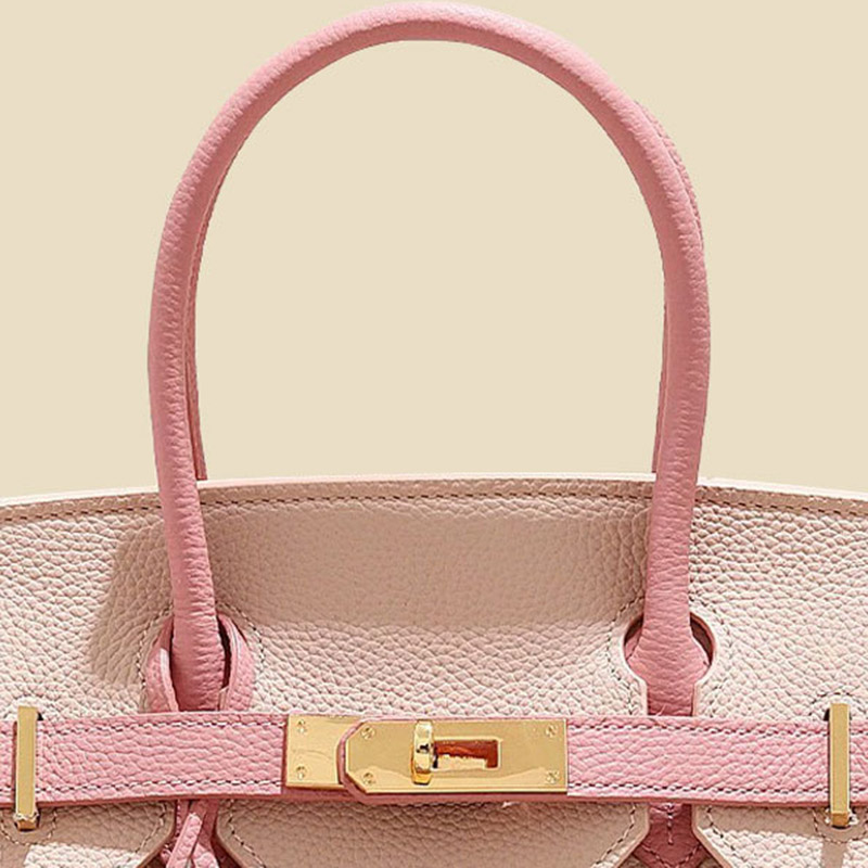 Women's Full-Grain Leather Pebbled Horizontal Color-Block Lock Top Handle Bag