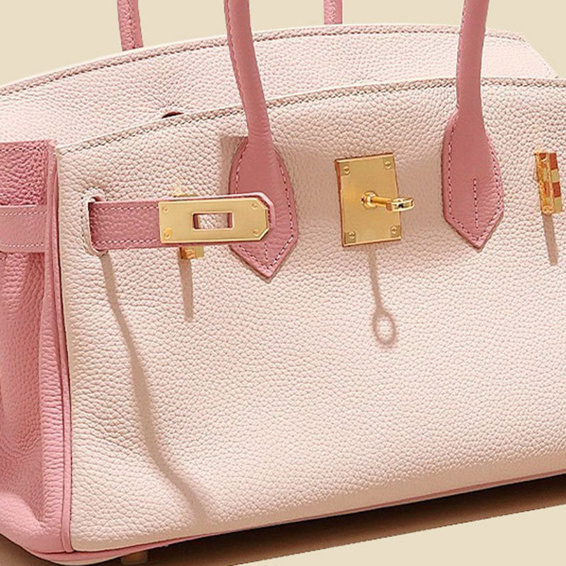 Women's Full-Grain Leather Pebbled Horizontal Color-Block Lock Top Handle Bag