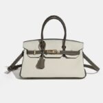 Women's Full-Grain Leather Pebbled Horizontal Color-Block Lock Top Handle Bag