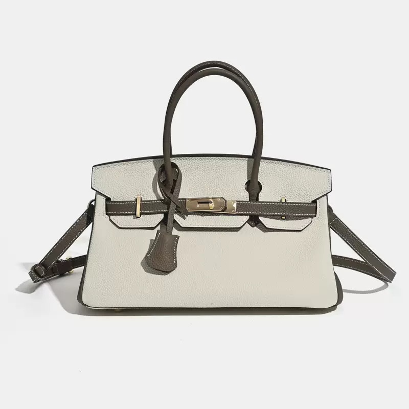 Women's Full-Grain Leather Pebbled Horizontal Color-Block Lock Top Handle Bag