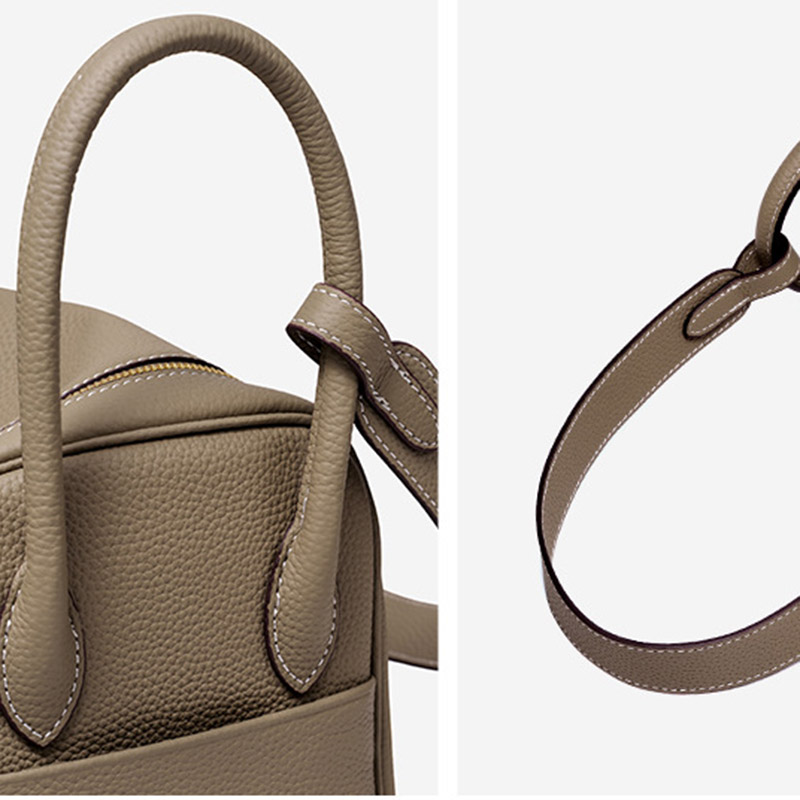 Elephant gray full-grain leather structured top handle crossbody bag detail