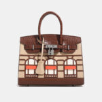 Women's Vegan Leather Croc Print Lock HOUSE Top Handle Bag