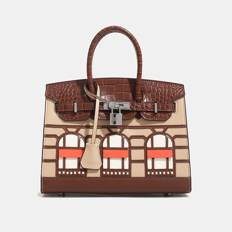 Women's Vegan Leather Croc Print Lock HOUSE Top Handle Bag