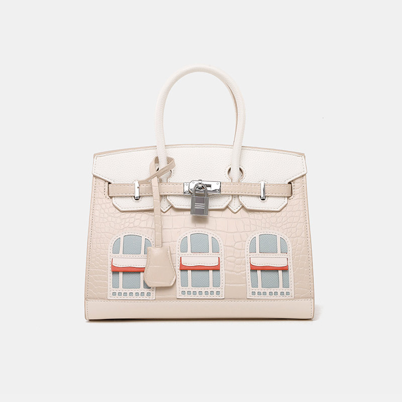 Women's Vegan Leather Croc Print Lock HOUSE Top Handle Bag