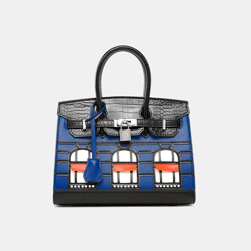 Women's Vegan Leather Croc Print Lock HOUSE Top Handle Bag
