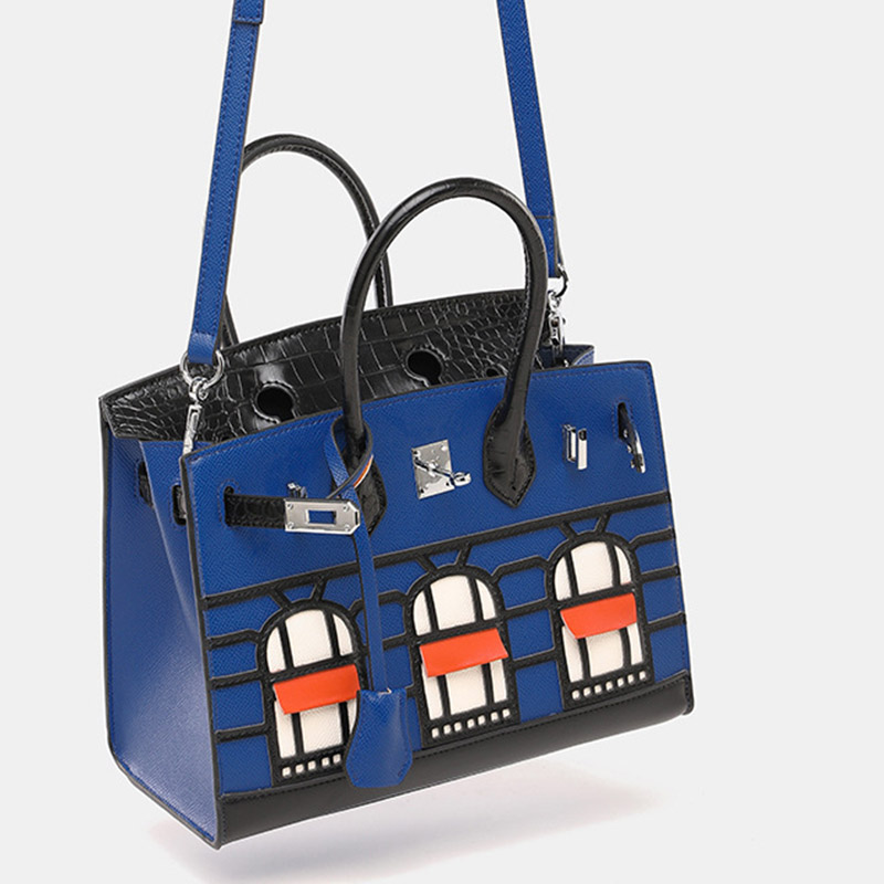 Women's Vegan Leather Croc Print Lock HOUSE Top Handle Bag