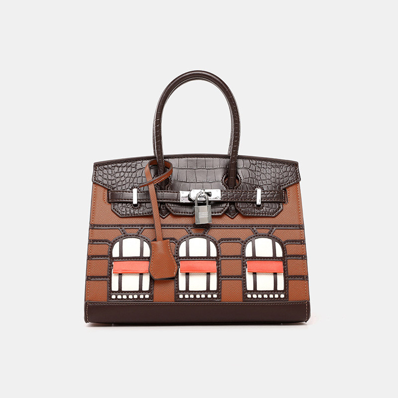 Women's Vegan Leather Croc Print Lock HOUSE Top Handle Bag