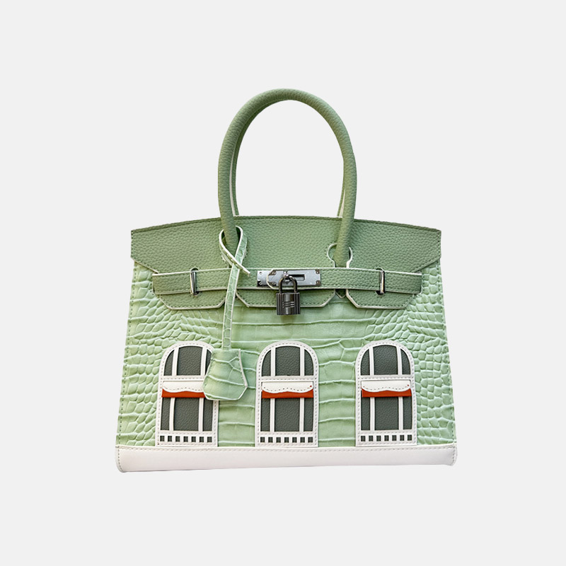 Women's Vegan Leather Croc Print Lock HOUSE Top Handle Bag